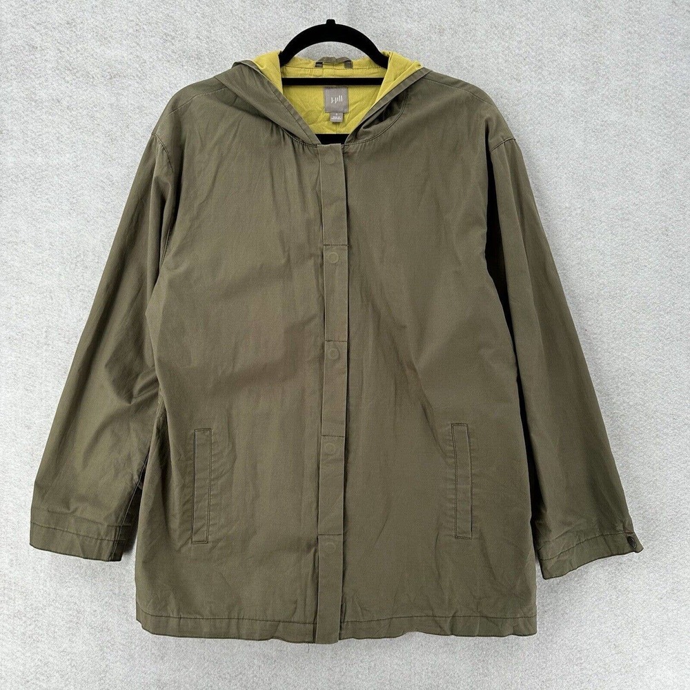 J Jill Olive Hooded Utility Coat Womens SMALL Wind/Raincoat Yellow Lining Cotton
